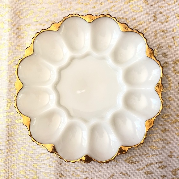 Vintage Milk Glass 12 Deviled Egg Plate Gold Trim Ornate 10" - Picture 4 of 8